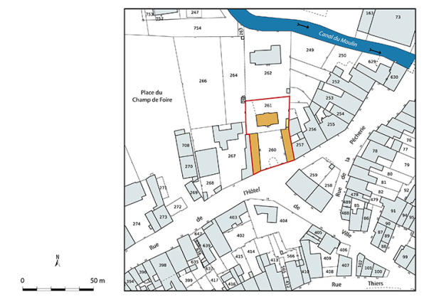 Plan-masse et de situation. Extrait du plan cadastral numérisé de la direction générale des finances publiques, 2025, 1/1 000. © Région Bourgogne-Franche-Comté, Inventaire du patrimoine