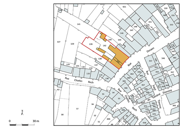 Plan-masse et de situation. Extrait du plan cadastral numérisé de la direction générale des finances publiques, 2025, 1/750. © Région Bourgogne-Franche-Comté, Inventaire du patrimoine