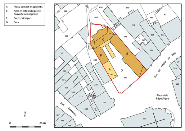 Plan-masse et de situation. Extrait du plan cadastral numérisé de la direction générale des finances publiques, 2025, 1/500. © Région Bourgogne-Franche-Comté, Inventaire du patrimoine