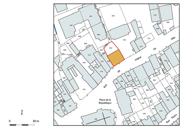 Plan-masse et de situation. Extrait du plan cadastral numérisé de la direction générale des finances publiques, 2025, 1/750. © Région Bourgogne-Franche-Comté, Inventaire du patrimoine