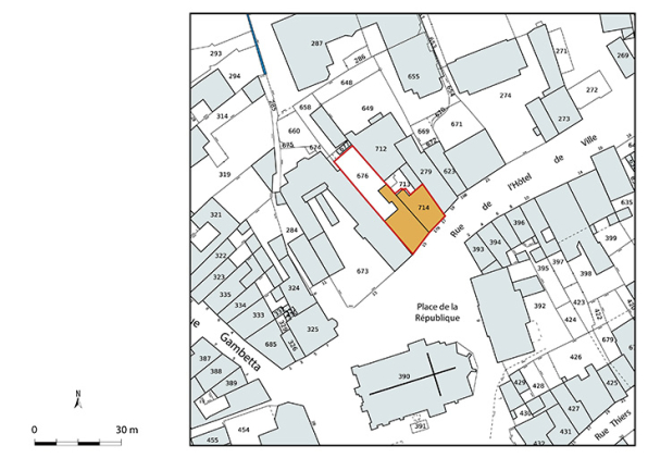 Plan-masse et de situation. Extrait du plan cadastral numérisé de la direction générale des finances publiques, 2025, 1/750. © Région Bourgogne-Franche-Comté, Inventaire du patrimoine
