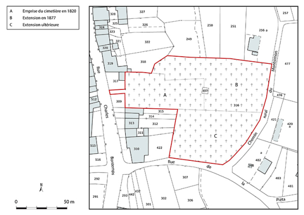 Plan-masse et de situation. Extrait du plan cadastral numérisé de la direction générale des finances publiques, 2025, 1/1 000. © Région Bourgogne-Franche-Comté, Inventaire du patrimoine