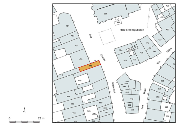 Plan-masse et de situation. Extrait du plan cadastral numérisé de la direction générale des finances publiques, 2025, 1/500. © Région Bourgogne-Franche-Comté, Inventaire du patrimoine