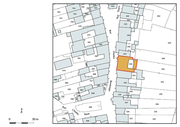 Plan-masse et de situation. Extrait du plan cadastral numérisé de la direction générale des finances publiques, 2025, 1/750. © Région Bourgogne-Franche-Comté, Inventaire du patrimoine