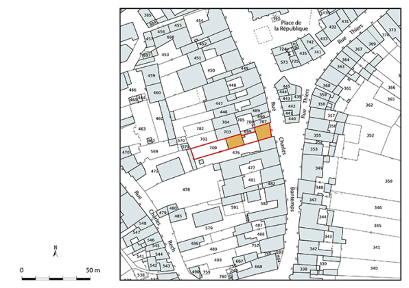 Plan-masse et de situation. Extrait du plan cadastral numérisé de la direction générale des finances publiques, 2025, 1/1 000. © Région Bourgogne-Franche-Comté, Inventaire du patrimoine