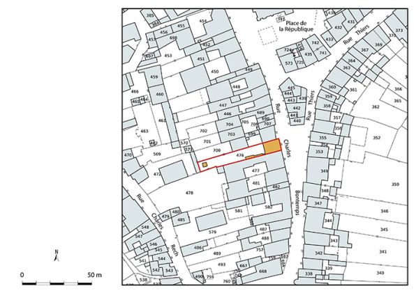 Plan-masse et de situation. Extrait du plan cadastral numérisé de la direction générale des finances publiques, 2025, 1/1 000. © Région Bourgogne-Franche-Comté, Inventaire du patrimoine