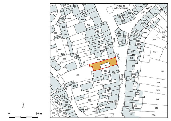 Plan-masse et de situation. Extrait du plan cadastral numérisé de la direction générale des finances publiques, 2025, 1/1 000. © Région Bourgogne-Franche-Comté, Inventaire du patrimoine