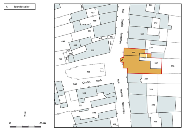 Plan-masse et de situation. Extrait du plan cadastral numérisé de la direction générale des finances publiques, 2025, 1/500. © Région Bourgogne-Franche-Comté, Inventaire du patrimoine