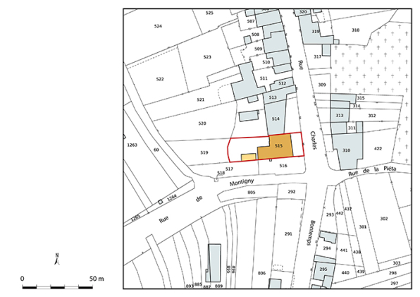 Plan-masse et de situation. Extrait du plan cadastral numérisé de la direction générale des finances publiques, 2025, 1/1 000. © Région Bourgogne-Franche-Comté, Inventaire du patrimoine