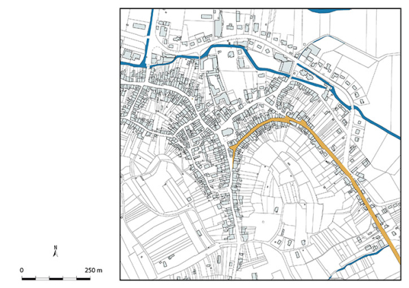 Plan-masse et de situation. Extrait du plan cadastral numérisé de la direction générale des finances publiques, 2025, 1/5 000. © Région Bourgogne-Franche-Comté, Inventaire du patrimoine