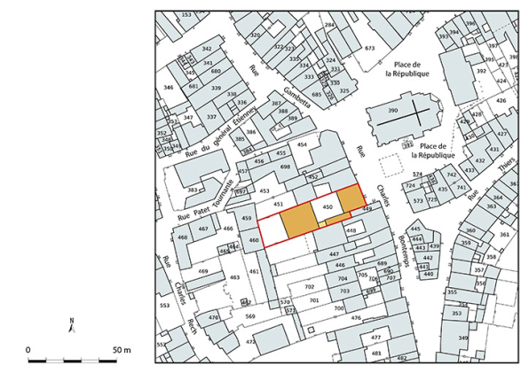 Plan-masse et de situation. Extrait du plan cadastral numérisé de la direction générale des finances publiques, 2025, 1/1 000. © Région Bourgogne-Franche-Comté, Inventaire du patrimoine