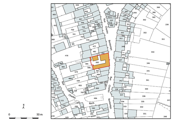 Plan-masse et de situation. Extrait du plan cadastral numérisé de la direction générale des finances publiques, 2025, 1/1 000. © Région Bourgogne-Franche-Comté, Inventaire du patrimoine