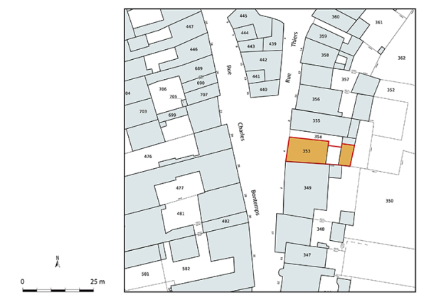 Plan-masse et de situation. Extrait du plan cadastral numérisé de la direction générale des finances publiques, 2025, 1/500. © Région Bourgogne-Franche-Comté, Inventaire du patrimoine