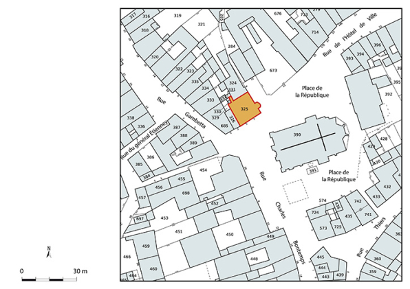 Plan-masse et de situation. Extrait du plan cadastral numérisé de la direction générale des finances publiques, 2025, 1/750. © Région Bourgogne-Franche-Comté, Inventaire du patrimoine