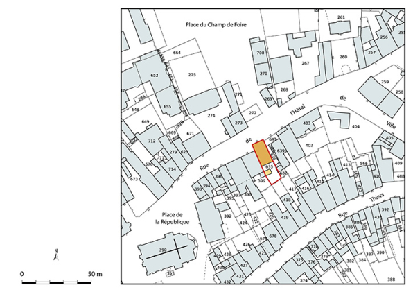 Plan-masse et de situation. Extrait du plan cadastral numérisé de la direction générale des finances publiques, 2025, 1/1 000. © Région Bourgogne-Franche-Comté, Inventaire du patrimoine
