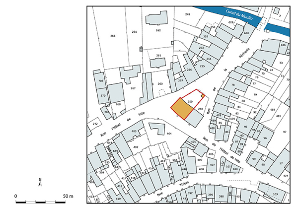 Plan-masse et de situation. Extrait du plan cadastral numérisé de la direction générale des finances publiques, 2025, 1/1 000. © Région Bourgogne-Franche-Comté, Inventaire du patrimoine