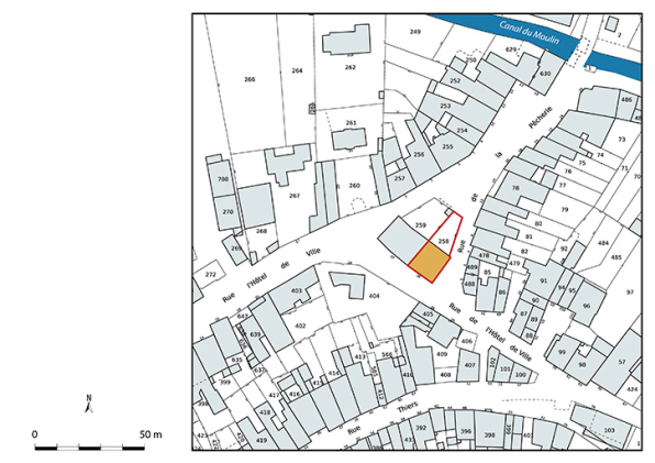 Plan-masse et de situation. Extrait du plan cadastral numérisé de la direction générale des finances publiques, 2025, 1/1 000. © Région Bourgogne-Franche-Comté, Inventaire du patrimoine