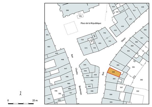 Plan-masse et de situation. Extrait du plan cadastral numérisé de la direction générale des finances publiques, 2025, 1/500. © Région Bourgogne-Franche-Comté, Inventaire du patrimoine