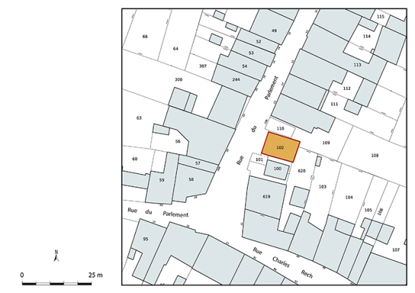Plan-masse et de situation. Extrait du plan cadastral numérisé de la direction générale des finances publiques, 2025, 1/500. © Région Bourgogne-Franche-Comté, Inventaire du patrimoine