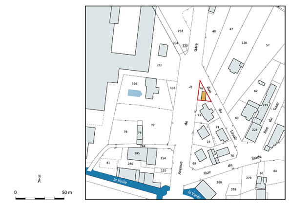 Plan-masse et de situation. Extrait du plan cadastral numérisé de la direction générale des finances publiques, 2025, 1/1 000. © Région Bourgogne-Franche-Comté, Inventaire du patrimoine