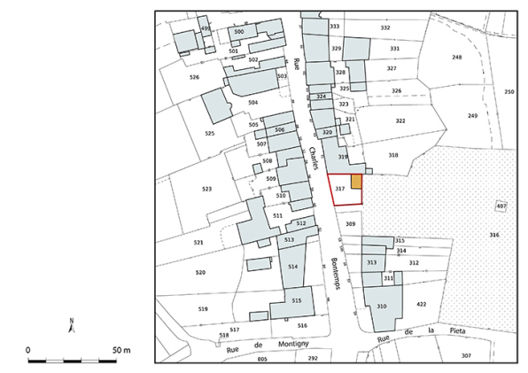 Plan-masse et de situation. Extrait du plan cadastral numérisé de la direction générale des finances publiques, 2025, 1/1 000. © Région Bourgogne-Franche-Comté, Inventaire du patrimoine