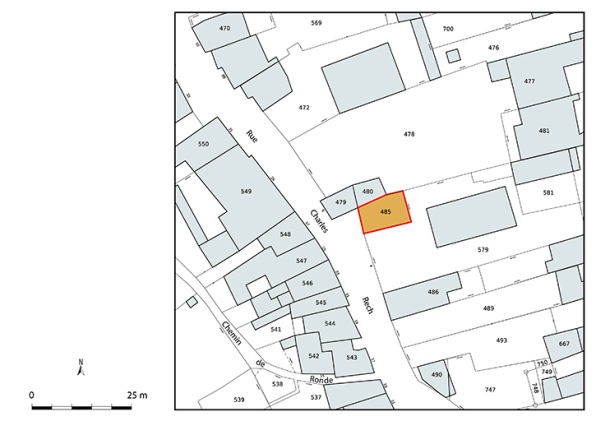 Plan-masse et de situation. Extrait du plan cadastral numérisé de la direction générale des finances publiques, 2025, 1/500. © Région Bourgogne-Franche-Comté, Inventaire du patrimoine