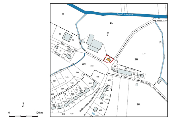 Plan-masse et de situation. Extrait du plan cadastral numérisé de la direction générale des finances publiques, 2025, 1/2 000. © Région Bourgogne-Franche-Comté, Inventaire du patrimoine