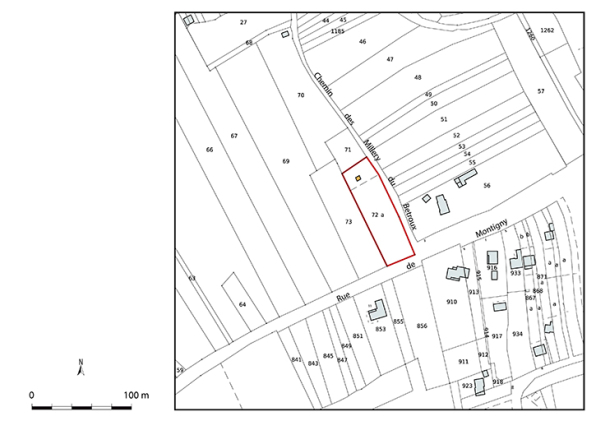 Plan-masse et de situation. Extrait du plan cadastral numérisé de la direction générale des finances publiques, 2025, 1/2 000. © Région Bourgogne-Franche-Comté, Inventaire du patrimoine