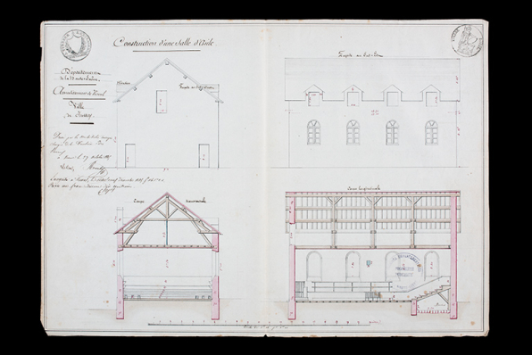 Projet pour une salle d'asile [élévations et coupes], 1845. © Région Bourgogne-Franche-Comté, Inventaire du patrimoine