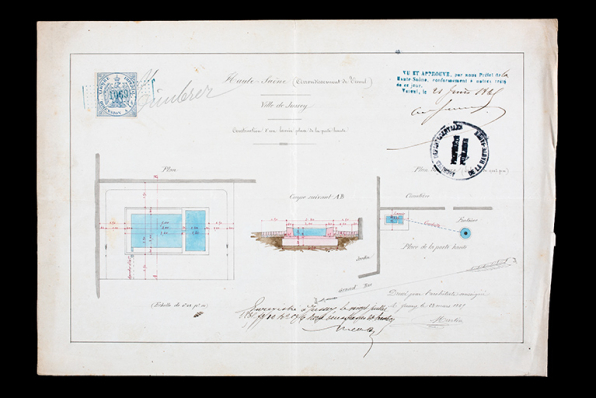 Plan et coupe projetés du lavoir de la porte haute de Jussey, 1865. © Région Bourgogne-Franche-Comté, Inventaire du patrimoine
