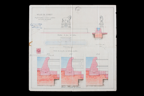 Élévation, profil, plan et coupe de la fontaine, 1869. © Région Bourgogne-Franche-Comté, Inventaire du patrimoine
