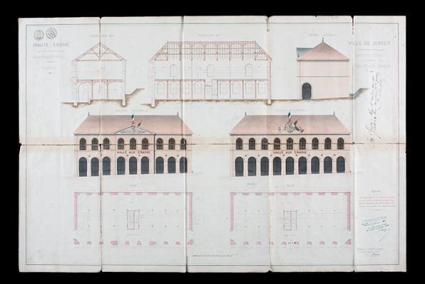 Projeté de la halle municipale de Jussey [plans, élévations et coupes], 1863. © Région Bourgogne-Franche-Comté, Inventaire du patrimoine