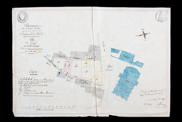 Plan de situation pour la construction de la salle d'asile et de la halle, 1845. © Région Bourgogne-Franche-Comté, Inventaire du patrimoine