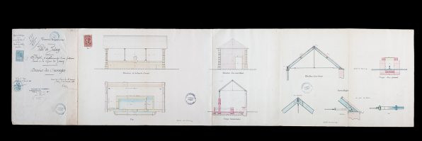 Plan, élévations, coupes et vues de détail projetés de la fontaine-lavoir de la gare à jussey, 1902. © Région Bourgogne-Franche-Comté, Inventaire du patrimoine
