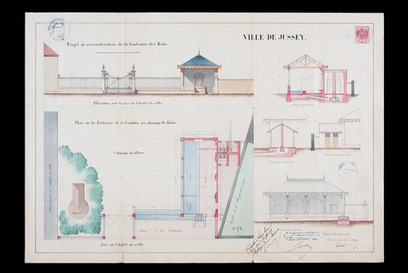Plan, élévations et coupes projetés de la fontaine-lavoir des Rois de jussey, 30 avril 1870. © Région Bourgogne-Franche-Comté, Inventaire du patrimoine