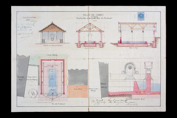 Plan, élévations, coupes et vue de détail de la fontaine-lavoir rue du Parlement à jussey, 1869. © Région Bourgogne-Franche-Comté, Inventaire du patrimoine