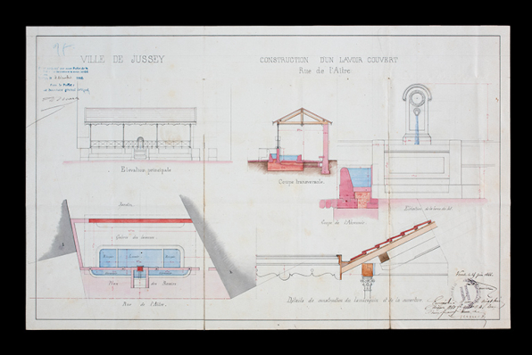 Plan, élévations, coupes et vues de détail d'une fontaine-lavoir rue de l'Aître à jussey, 1866. © Région Bourgogne-Franche-Comté, Inventaire du patrimoine