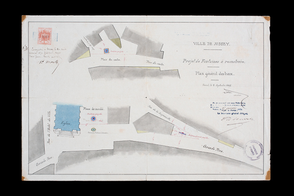 Plan projeté de l'adduction en eau des nouvelles fontaines de jussey (l'ancienne fontaine des anges se trouve en haut), 1869. © Région Bourgogne-Franche-Comté, Inventaire du patrimoine