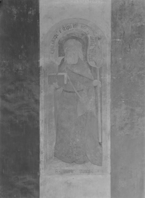 Peinture murale, nef, mur nord. 2e panneau : saint Jacques le Majeur (photo prise en 1969). © Région Bourgogne-Franche-Comté, Inventaire du patrimoine Peinture murale, nef, mur nord. 2e panneau : saint Jacques le Majeur (photo prise en 1969). © Région Bourgogne-Franche-Comté, Inventaire du patrimoine