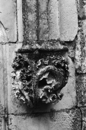Porte d'une tourelle doublant une tour d'angle. Sculpture décorative : végétaux (photo prise en 1969). © Région Bourgogne-Franche-Comté, Inventaire du patrimoine Porte d'une tourelle doublant une tour d'angle. Sculpture décorative : végétaux (photo prise en 1969). © Région Bourgogne-Franche-Comté, Inventaire du patrimoine