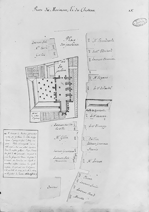 Plan en feuilles de la ville de Beaune : les rues du Morimont et du château avec la place des Jacobins. 1783. © Région Bourgogne-Franche-Comté, Inventaire du patrimoine