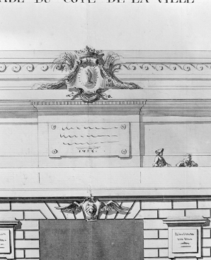 Projet non réalisé de N. Lenoir Le Romain : élévation côté ville, détail de l'attique avec l'inscription datée 1764. © Région Bourgogne-Franche-Comté, Inventaire du patrimoine Projet non réalisé de N. Lenoir Le Romain : élévation côté ville, détail de l'attique avec l'inscription datée 1764. © Région Bourgogne-Franche-Comté, Inventaire du patrimoine