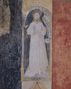 Peinture murale, nef, mur ouest. Panneau central : Jésus. © Région Bourgogne-Franche-Comté, Inventaire du patrimoine Peinture murale, nef, mur ouest. Panneau central : Jésus. © Région Bourgogne-Franche-Comté, Inventaire du patrimoine