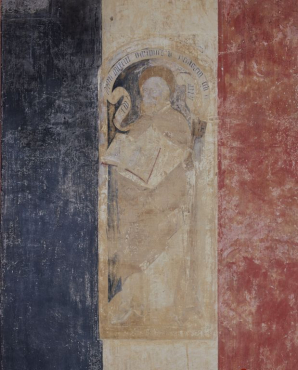 Peinture murale, nef, mur ouest. Panneau droit : saint Pierre. © Région Bourgogne-Franche-Comté, Inventaire du patrimoine Peinture murale, nef, mur ouest. Panneau droit : saint Pierre. © Région Bourgogne-Franche-Comté, Inventaire du patrimoine
