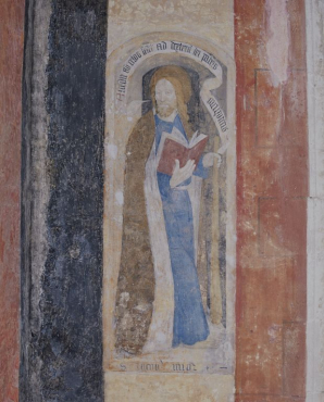 Peinture murale : chevet. Panneau gauche : saint Jacques le Mineur. © Région Bourgogne-Franche-Comté, Inventaire du patrimoine Peinture murale : chevet. Panneau gauche : saint Jacques le Mineur. © Région Bourgogne-Franche-Comté, Inventaire du patrimoine