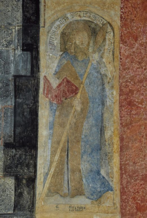 Peinture murale : nef, mur nord. 4e panneau : saint Thomas. © Région Bourgogne-Franche-Comté, Inventaire du patrimoine Peinture murale : nef, mur nord. 4e panneau : saint Thomas. © Région Bourgogne-Franche-Comté, Inventaire du patrimoine
