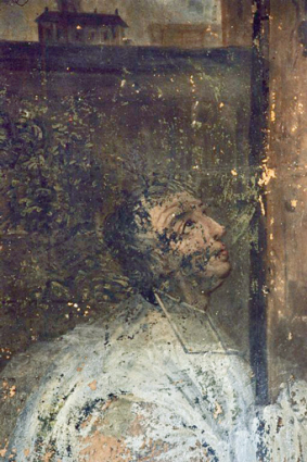 Partie inférieure (1991) : visage du prêtre agenouillé. © Région Bourgogne-Franche-Comté, Inventaire du patrimoine Partie inférieure (1991) : visage du prêtre agenouillé. © Région Bourgogne-Franche-Comté, Inventaire du patrimoine