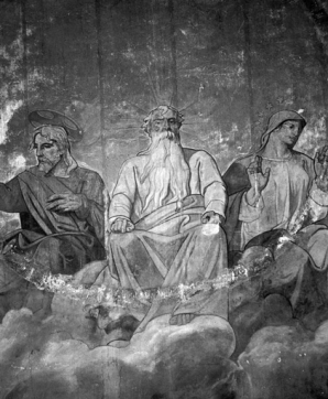 Registre supérieur (1991) : le Christ, Dieu le Père et la Vierge. © Région Bourgogne-Franche-Comté, Inventaire du patrimoine Registre supérieur (1991) : le Christ, Dieu le Père et la Vierge. © Région Bourgogne-Franche-Comté, Inventaire du patrimoine