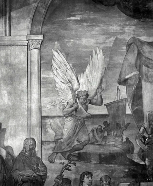 Partie droite, registre médian (1991) : un ange apporte la palme du martyre à saint Jean. © Région Bourgogne-Franche-Comté, Inventaire du patrimoine Partie droite, registre médian (1991) : un ange apporte la palme du martyre à saint Jean. © Région Bourgogne-Franche-Comté, Inventaire du patrimoine