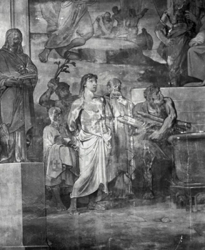 Partie droite, registre inférieur (1991) : saint Jean conduit au supplice. © Région Bourgogne-Franche-Comté, Inventaire du patrimoine Partie droite, registre inférieur (1991) : saint Jean conduit au supplice. © Région Bourgogne-Franche-Comté, Inventaire du patrimoine